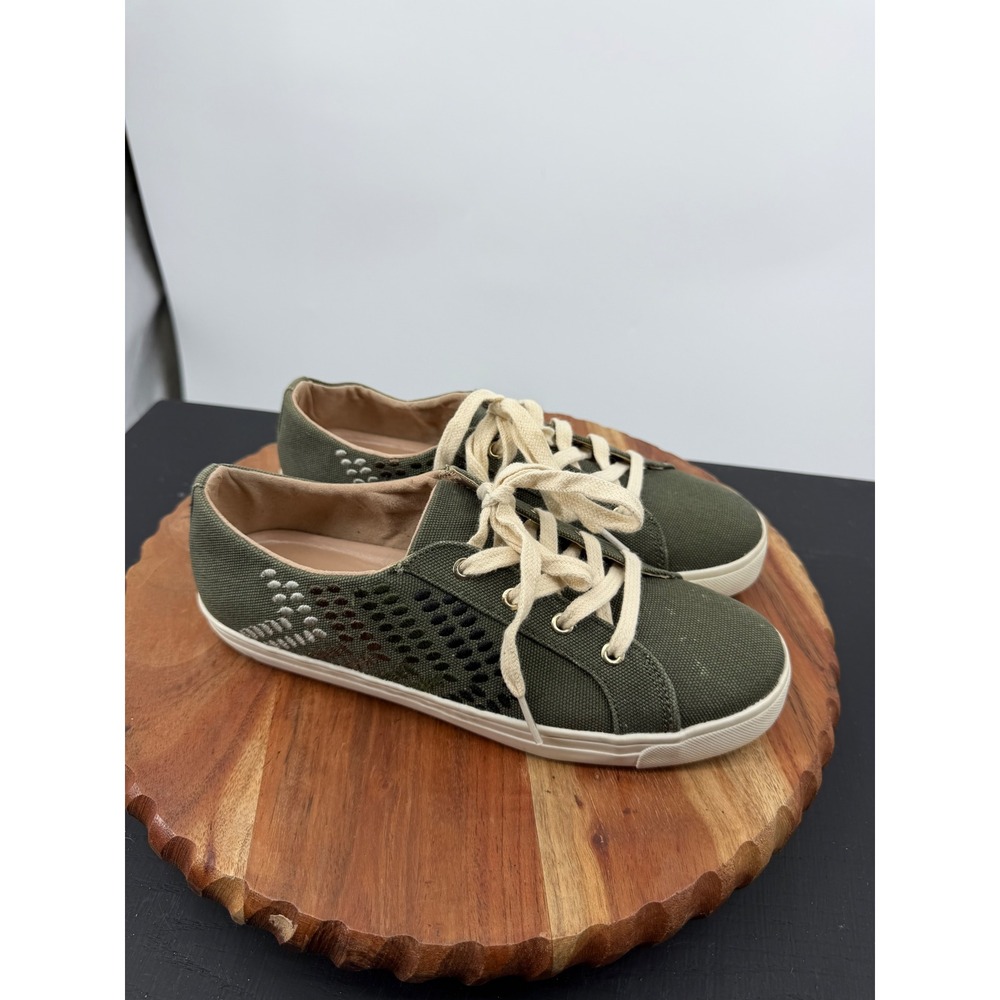 Jack Rogers Sneakers Women 8.5M Olive Green Canvas Laser Cut Lace Up Low Top
